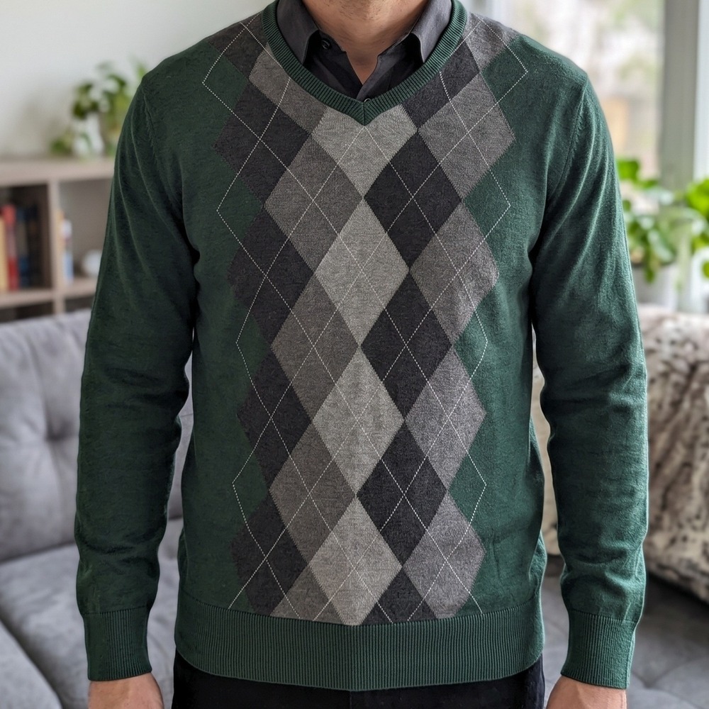 Claiborne Men Argyle V-Neck Sweater Green Grey 100% Cotton Long Sleeve Fine Knit